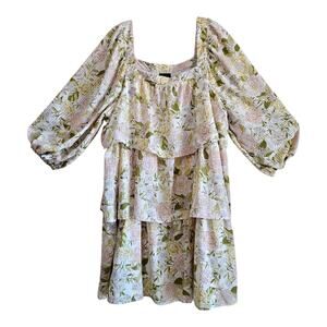 WHO WHAT WEAR Women's XXL 2X Dress Tiered Shift Floral Green Pink Balloon Sleeve